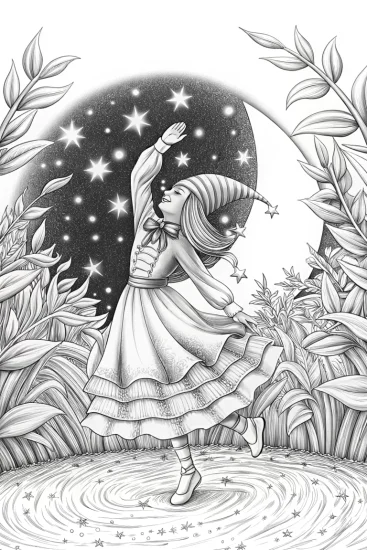 A coloring page of Gnome dancing among the stars