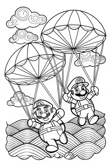 A coloring page of Mario and Luigi sky surfing