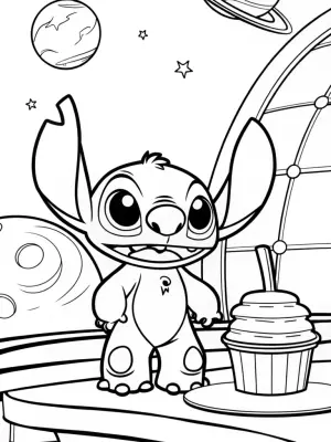 Stitch running a cosmic cafe coloring pages