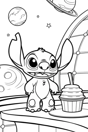A coloring page of Stitch running a cosmic cafe