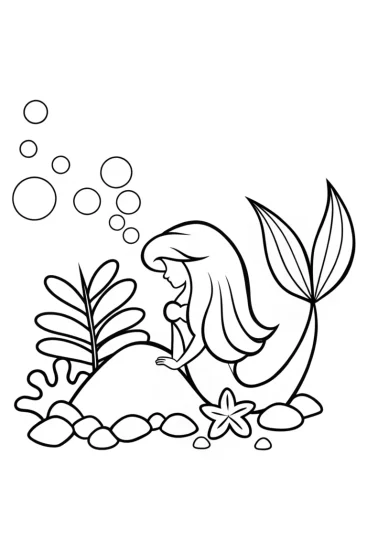 A coloring page of Little Mermaid crafting coral instruments