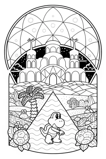 A coloring page of Yoshi’s time-traveling adventure