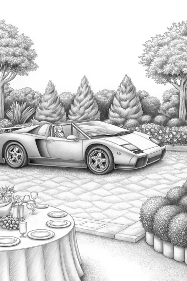 A coloring page of Lamborghini garden party