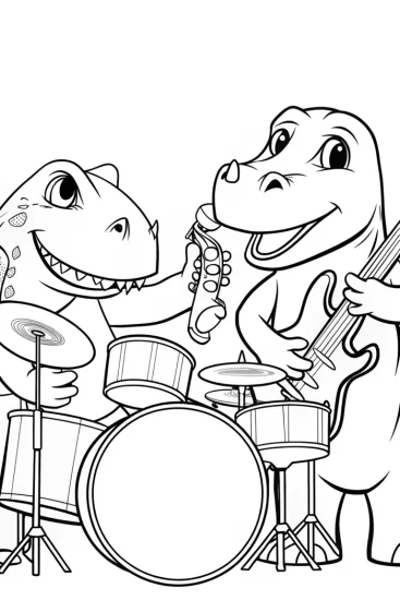 A coloring page of Dinosaurs playing music together