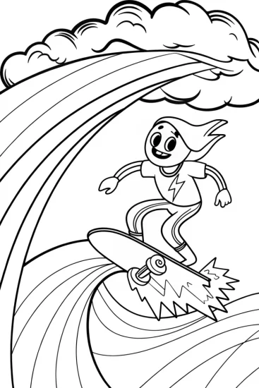 A coloring page of Lightning bolt surfing on a rainbow wave