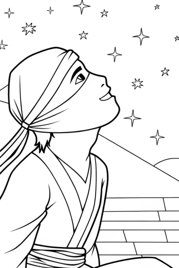 A coloring page of Ninja gazing at the stars