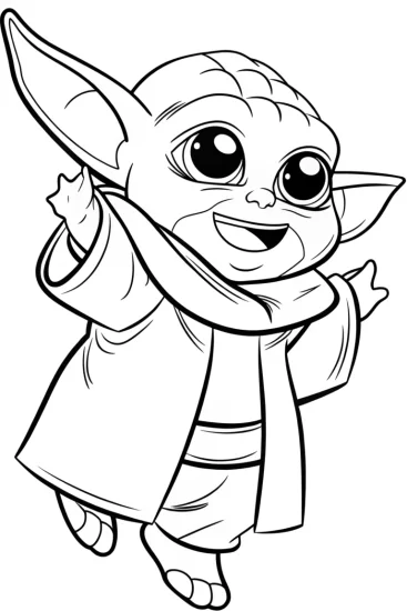 A coloring page of Baby Yoda’s joyful dance