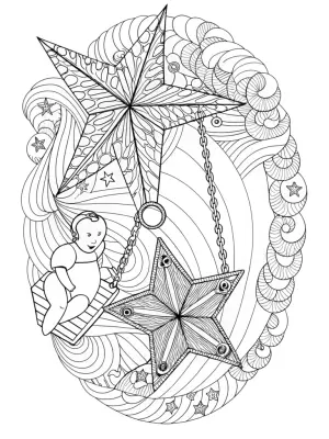 Baby swinging on a star coloring pages