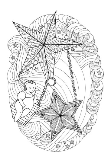 A coloring page of Baby swinging on a star