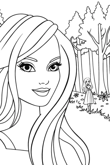 A coloring page of Barbie in the magical forest