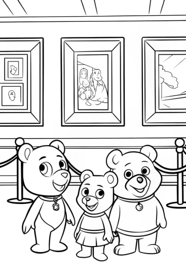 A coloring page of Care Bears art gallery scene