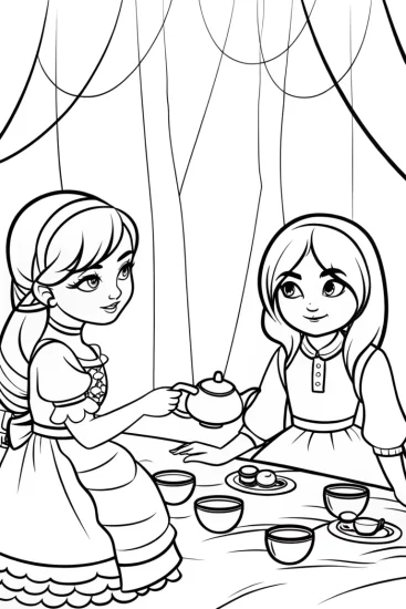 A coloring page of Spider’s enchanted forest tea ceremony