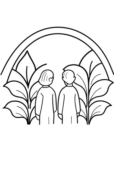 A coloring page of Rainbow High students in a garden