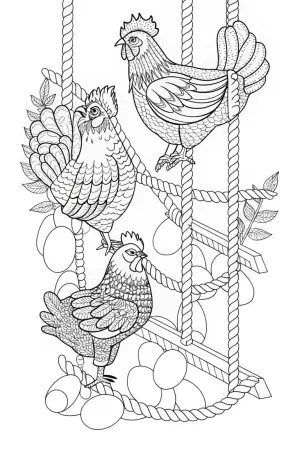 Chickens in a quirky obstacle course coloring pages