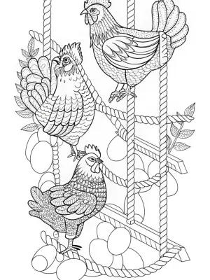 Chickens in a quirky obstacle course coloring pages