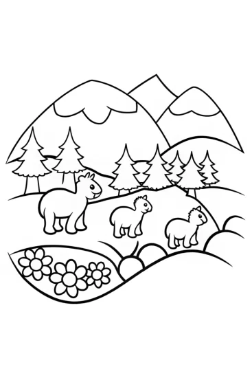 A coloring page of Animals hiking in a colorful landscape