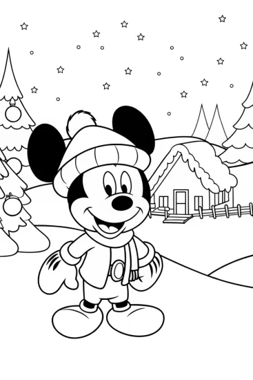 A coloring page of Mickey Mouse Christmas adventure