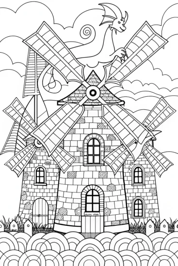 A coloring page of Charizard’s windmill adventure