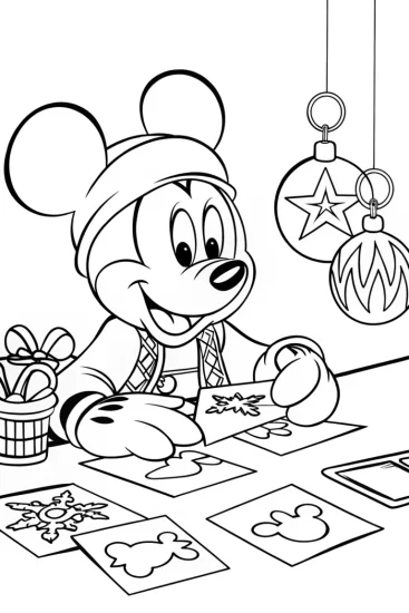 A coloring page of Mickey making Christmas cards