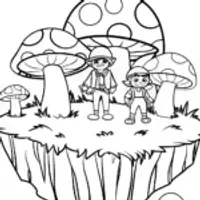 Mushroom explorers on a floating island