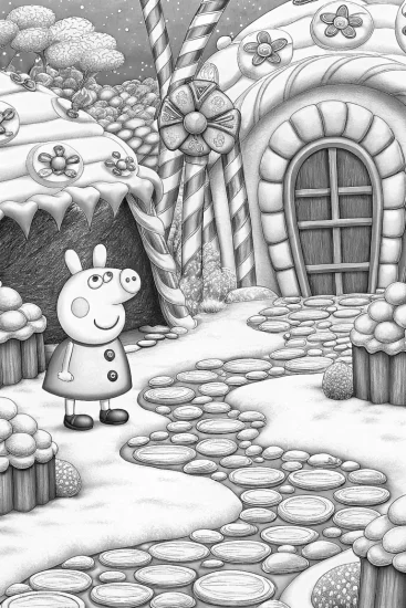 A coloring page of Peppa Pig treasure hunt in Candy Land