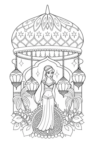 A coloring page of Jasmine and the magical wind chimes