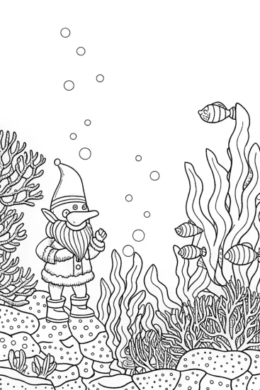 A coloring page of Gnome conducts an underwater concert