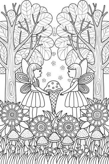 A coloring page of Ice cream fairies in a forest