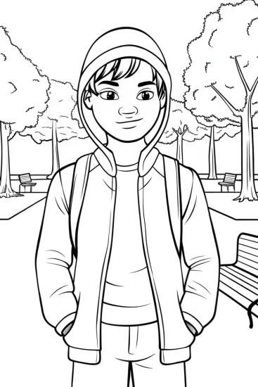 A coloring page of Miles Morales in the park