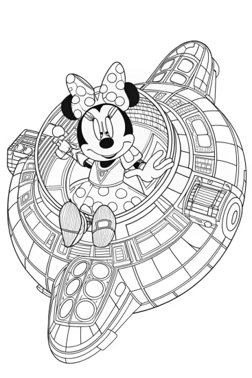 A coloring page of Minnie Mouse flying a starship