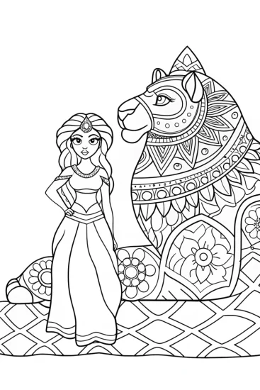A coloring page of Jasmine connecting with her spirit animal
