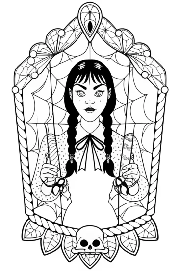 A coloring page of Wednesday Addams shadow puppeteer