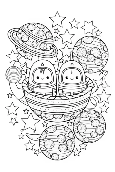 A coloring page of Squishmallows camping in space
