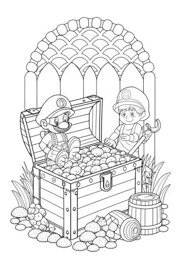 A coloring page of Mario and Luigi crafting treasures