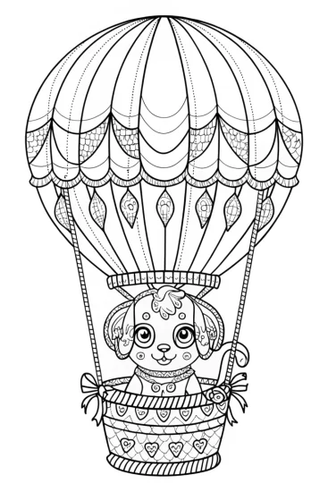 A coloring page of Puppy in a hot air balloon