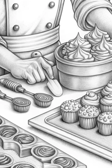 A coloring page of Lightning bolt chef baking treats