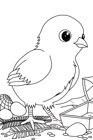 A coloring page of Chick digging for treasures