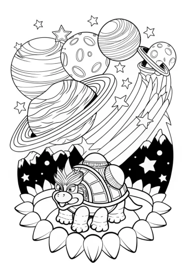 A coloring page of Bowser exploring the stars