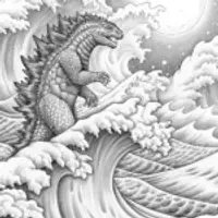 Godzilla surfing under the moon