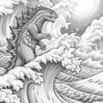 Godzilla surfing under the moon