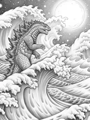 Godzilla surfing under the moon coloring pages