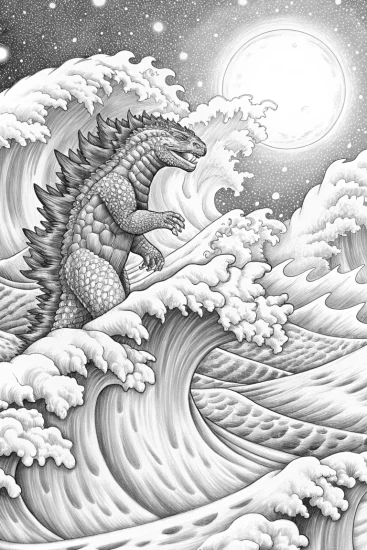 A coloring page of Godzilla surfing under the moon