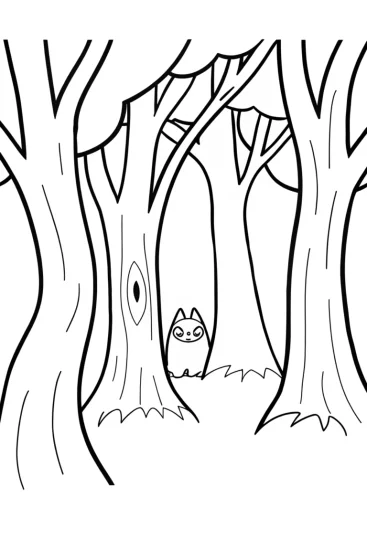 A coloring page of Monsters in a whispering forest