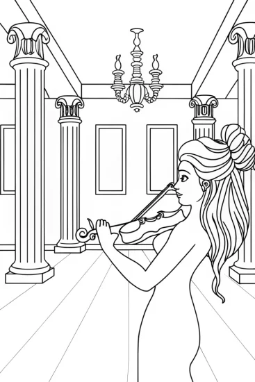A coloring page of Mermaid musician in an art gallery