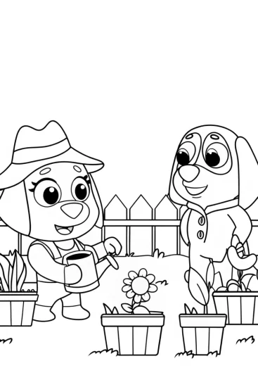 A coloring page of Bluey and Bingo’s gardening adventure