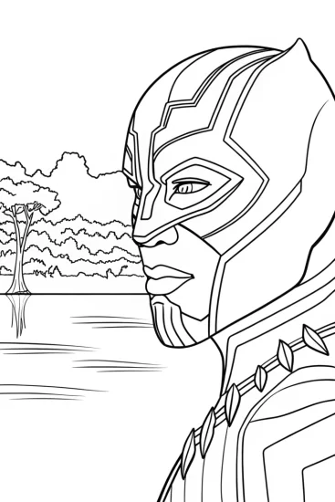 A coloring page of Black Panther gazing at a lake