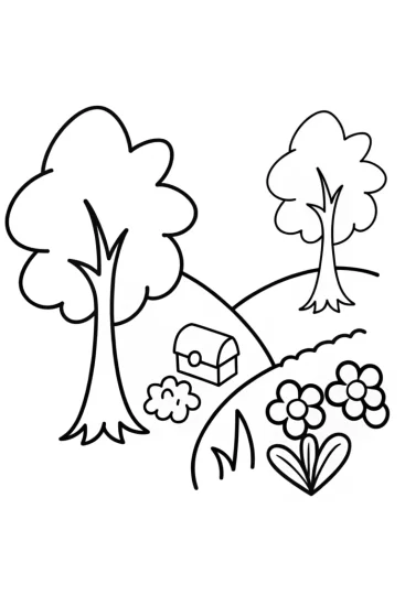 A coloring page of Banban’s treasure hunt in the garden