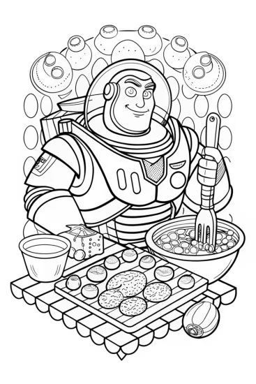 A coloring page of Buzz Lightyear cooking challenge