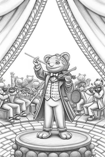 A coloring page of Axolotl conducting an orchestra