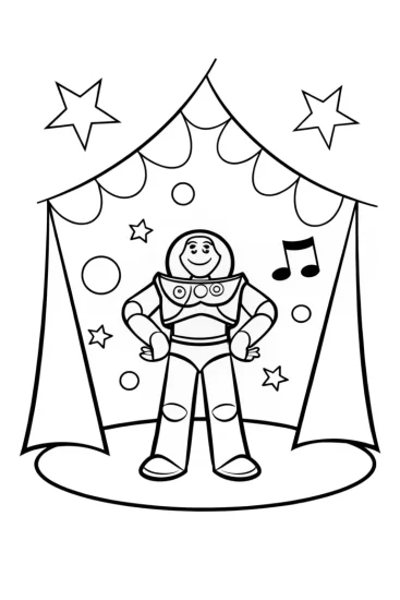 A coloring page of Buzz Lightyear at the music festival